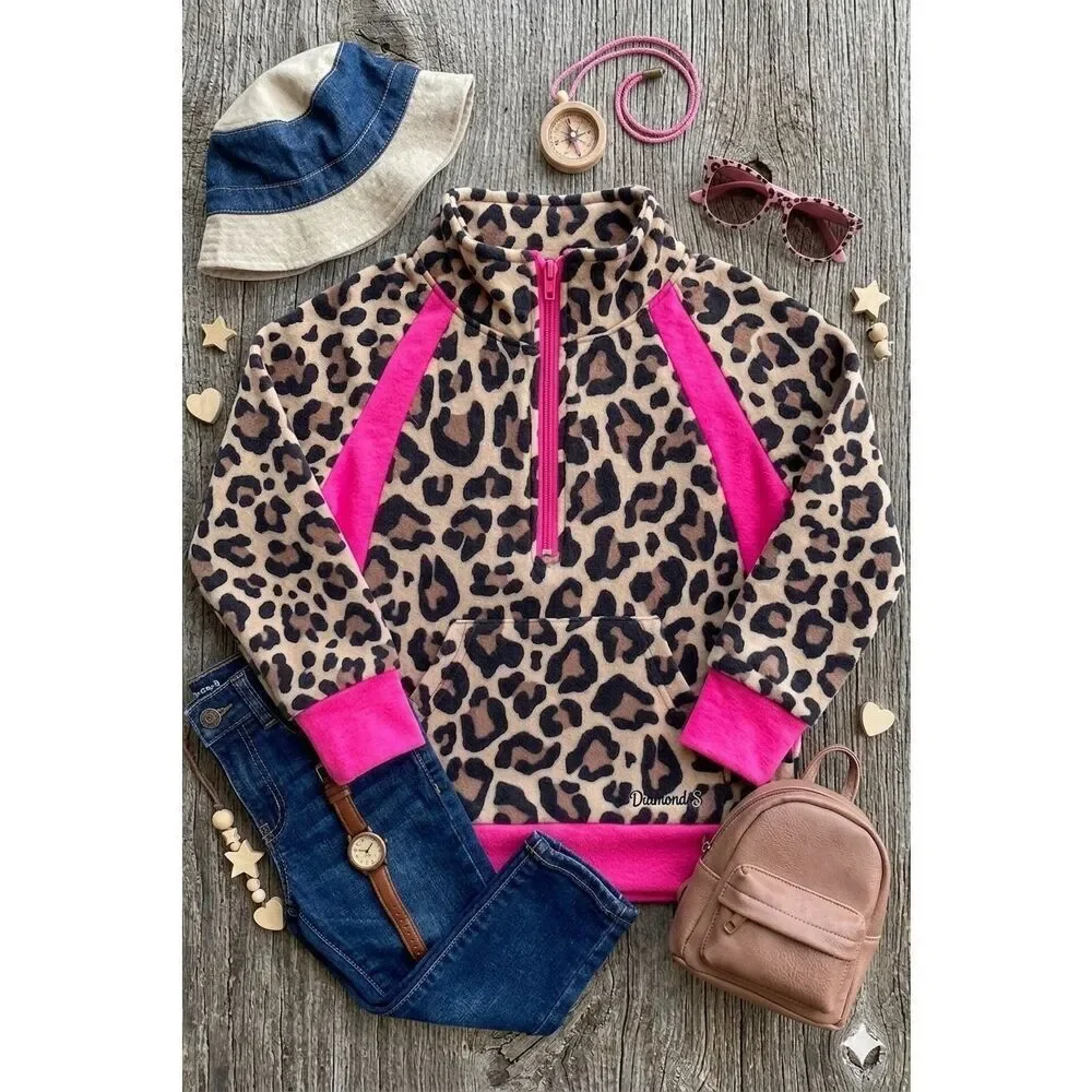 Girls Western Leopard Print Fleece Pullover Pink Trim 1/4 Zip Hoodie Casual New